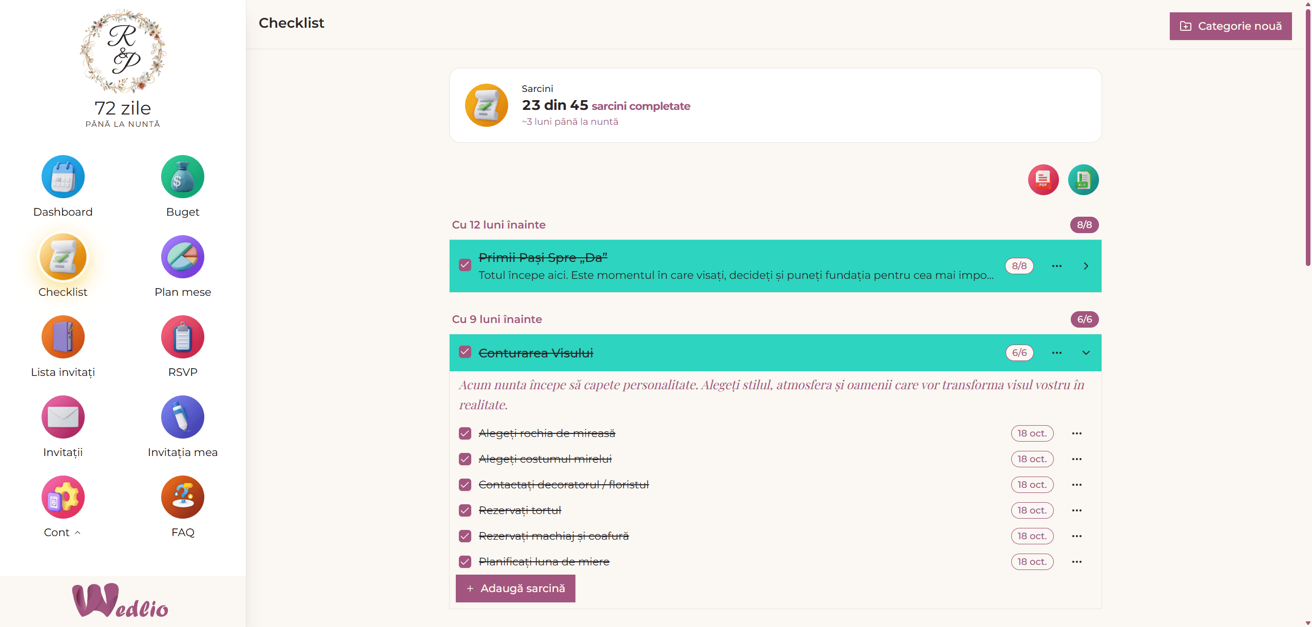 Gestionare checklist nuntă digital Wedlio