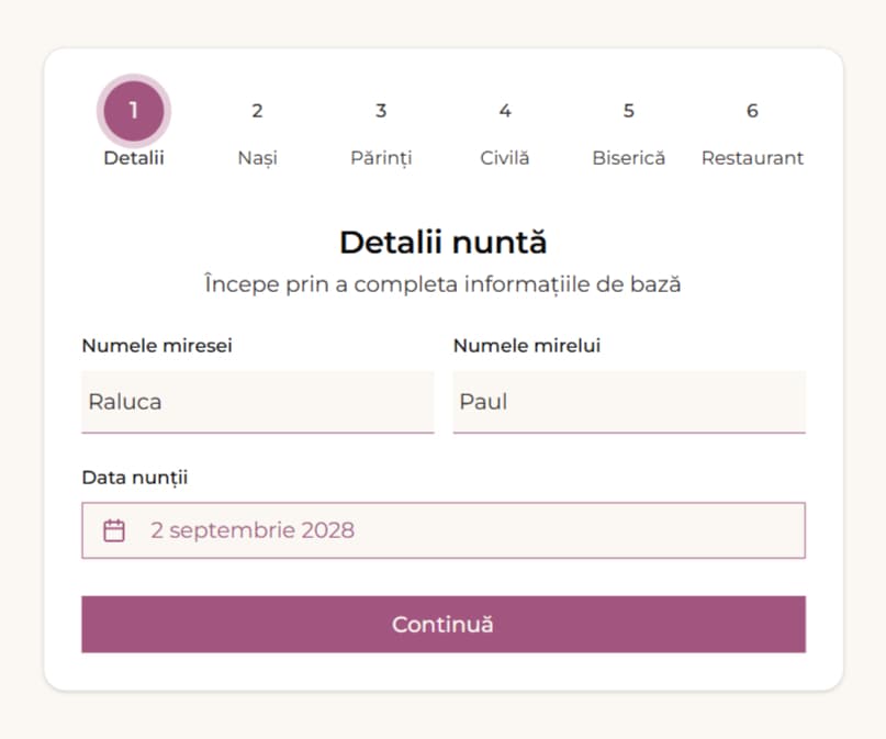 Formularul de creare a nunții în Wedlio: data, locurile și numele mirilor | Wedlio.app